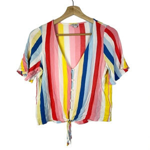 Love, Fire Rainbow Stripe Button Front Tie Short Sleeve Top L